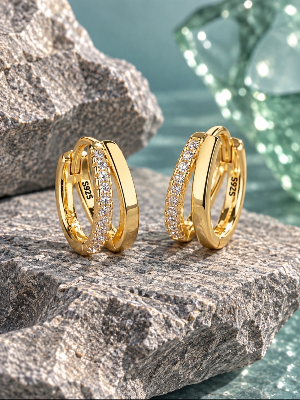 925 Sterling Silver Gold Tone CZ Double Hoop Earrings Sparkly Huggie Style